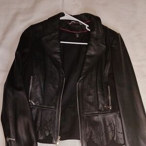 White House Black Market Leather Ponte Black Peplum Jacket medium